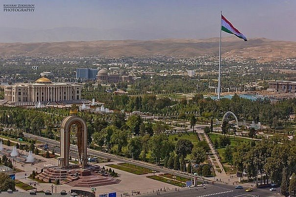 Dushanbe city park and skyline in Tajikistan